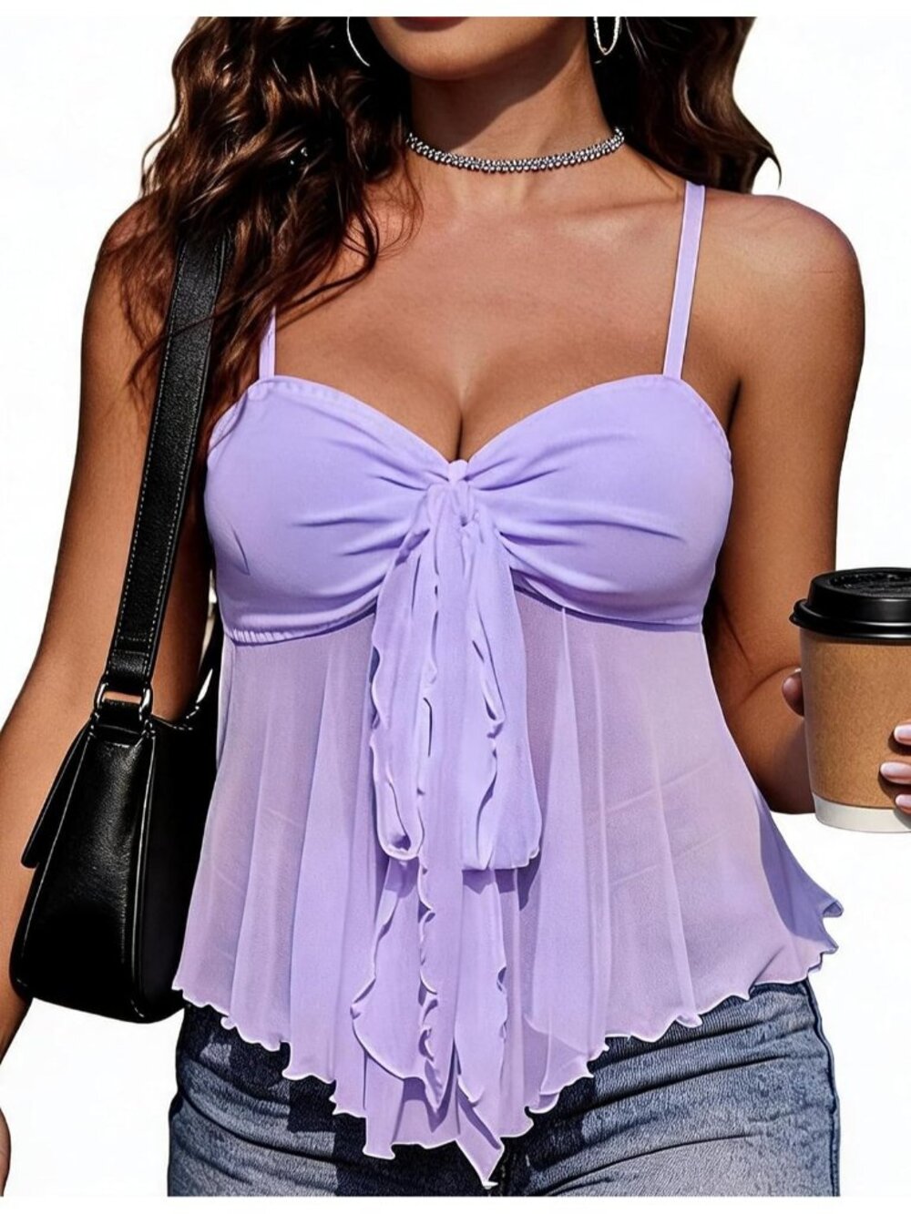 Women's Lilac Bralettes Mesh Flowy Spaghetti Strap Baby Doll Mermaid Tank Top